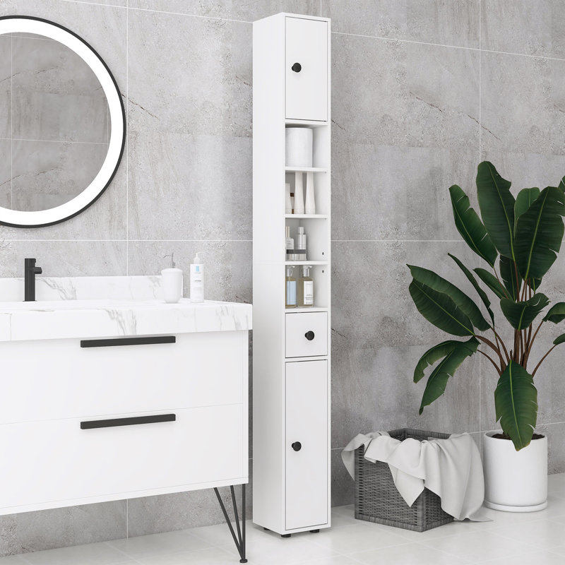 Armoire haute blanche résistante à l'eau - surface en mélamine et charnières en acier pour un décor de petite salle de bain moderne