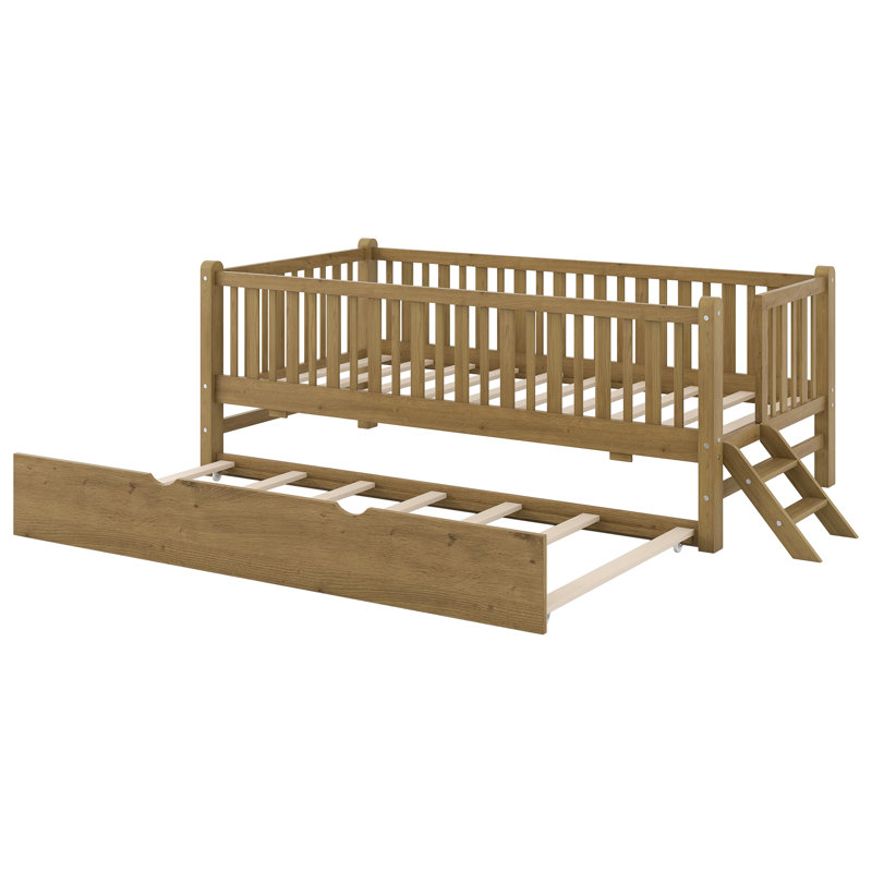 Twin Size Platform Bed with Trundle and Guardrail – Wood Kids Bed, Space-Saving, Walnut, Walnut