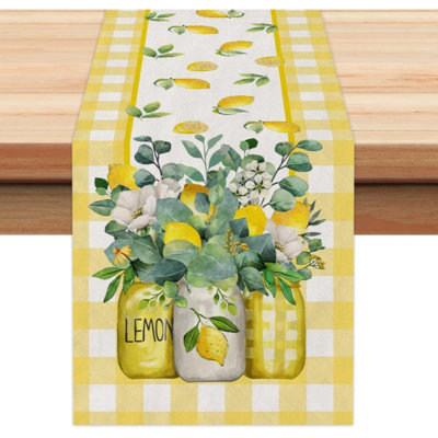 Black Buffalo Check Summer Table Runner 72 Inch, Lemon Vase Spring Farmhouse Rustic Holiday Runners Kitchen Dining Table Decoration For Indoor Outdoor Dinner Party Décor