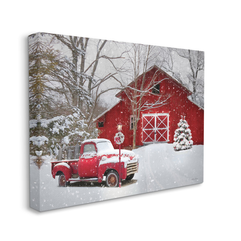 Red Barn and Truck Christmas Scene Gallery-Wrapped Canvas Art