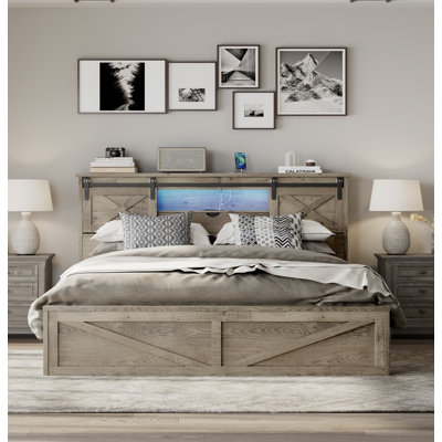 Farmhouse Bed Frame King Size with LED Lights and Charging Station, Wooden KING Bed with 2 Storage Drawers, Rustic Headboard with Sliding Barn Door Storage Cabinets