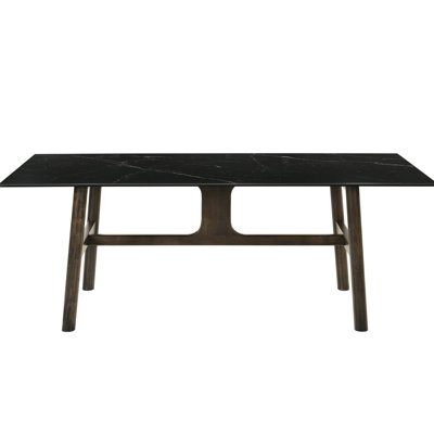 Fixed Dining Table - Sintered Stone, Tempered Glass, Walnut Base Luxury Feel Walnut Finish And Glass Top