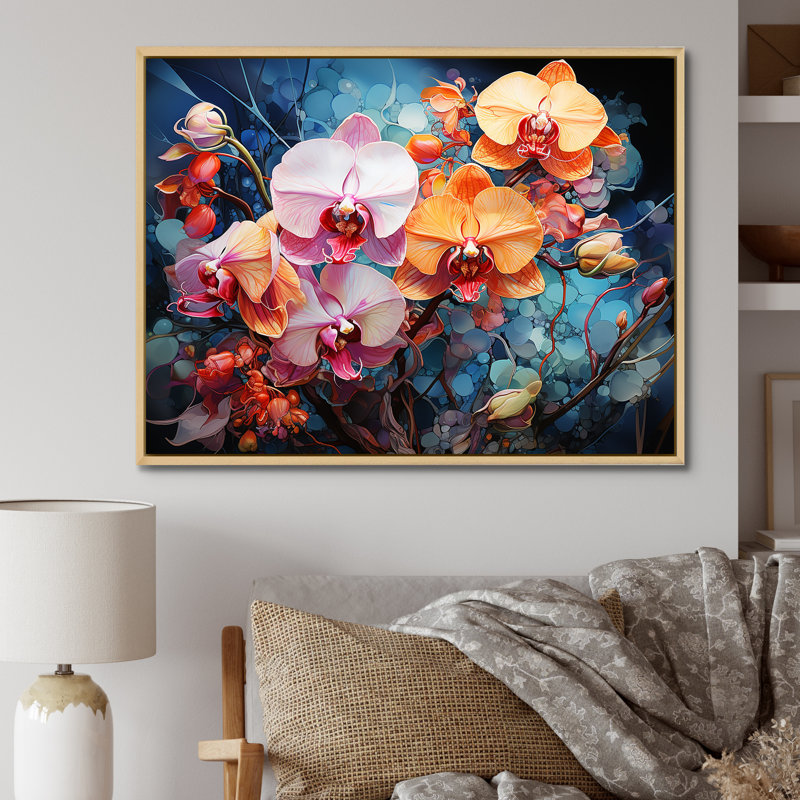 Impression d'orchidées roses et oranges sauvages sur toile, H 34 po x l 44 po x P 1,5 po, Cadre naturel flottant