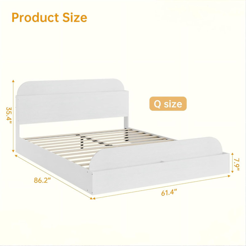Grand lit plateforme en bois avec tête et pied de lit avec rangement, finition blanche, Blanc, Grand lit