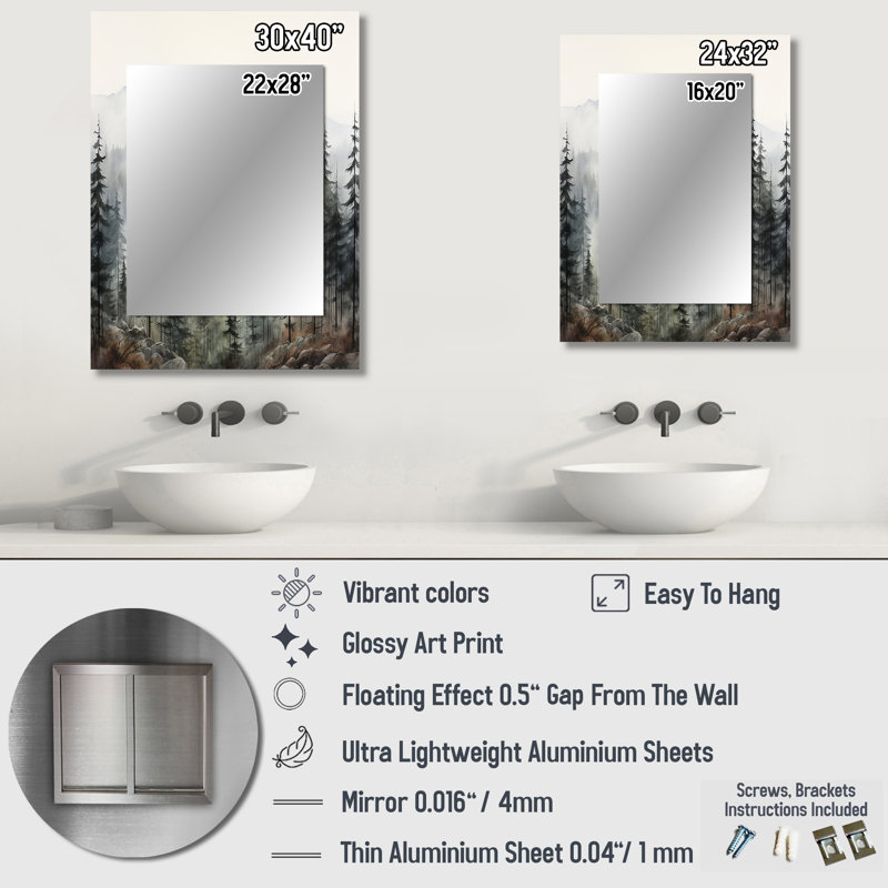 Pin, Misty Mountain II - pin - miroir mural unique, miroir traditionnel, impression d'art en métal, 32 po x 24 po