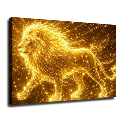 Lion doré marchant dans un univers étoilé scintillant, œuvre d'art composée de particules de lumière dorée, tableau sur toile pour une décoration intérieure moderne