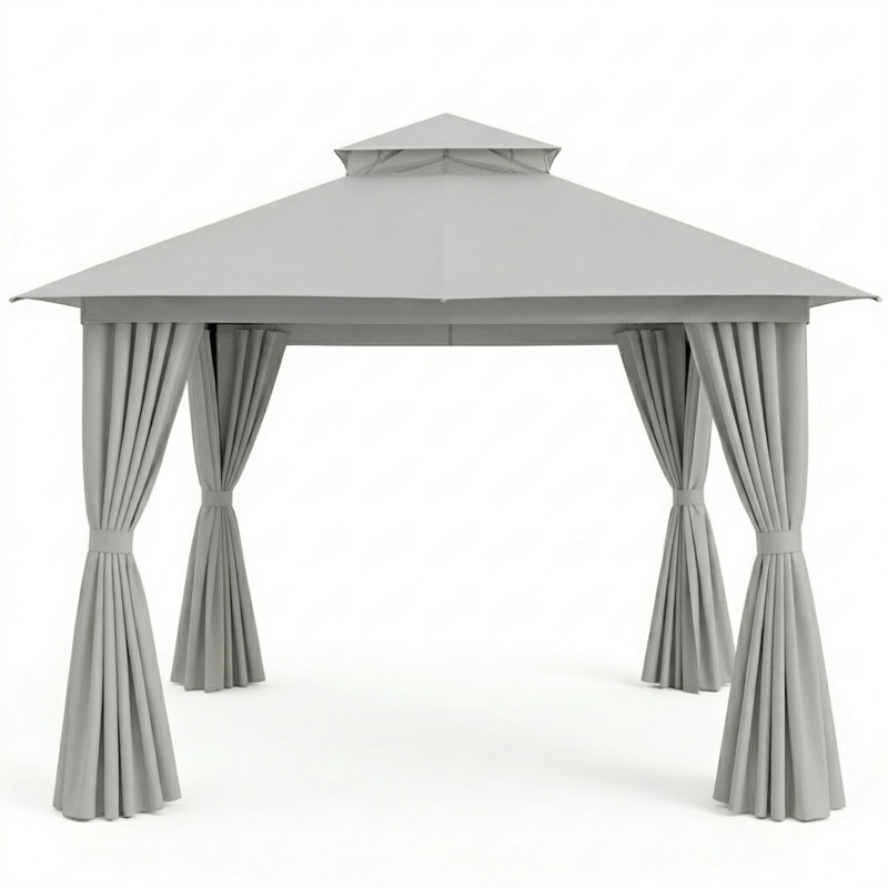 Gazebo de terrasse Yardgrace 3 m x 3 m avec toit souple, auvent à 2 niveaux, moustiquaire et rideaux d'intimité, gris, Gris