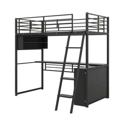Contemporary Metal Loft Bed With Built In LED Lighting Study Desk And Quad Storage Shelves