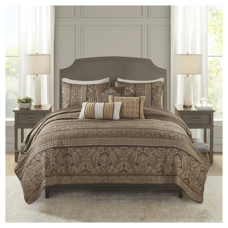 Ensemble de courtepointe 6 pièces avec coussins décoratifs en jacquard - Ensemble de literie réversible brun / or pour lit double / grand lit, couvre-lit jacquard en polyester de luxe avec taies décoratives