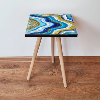 Table d'appoint abstraite en marbre, 100% panneau de fibres à densité moyenne avec pieds en bois de hêtre, 13,8 x 16,5 x 13,8 pouces | Conception durable et élégante | Parfait pour le salon, la chambre à coucher ou le bureau | Mobilier moderne