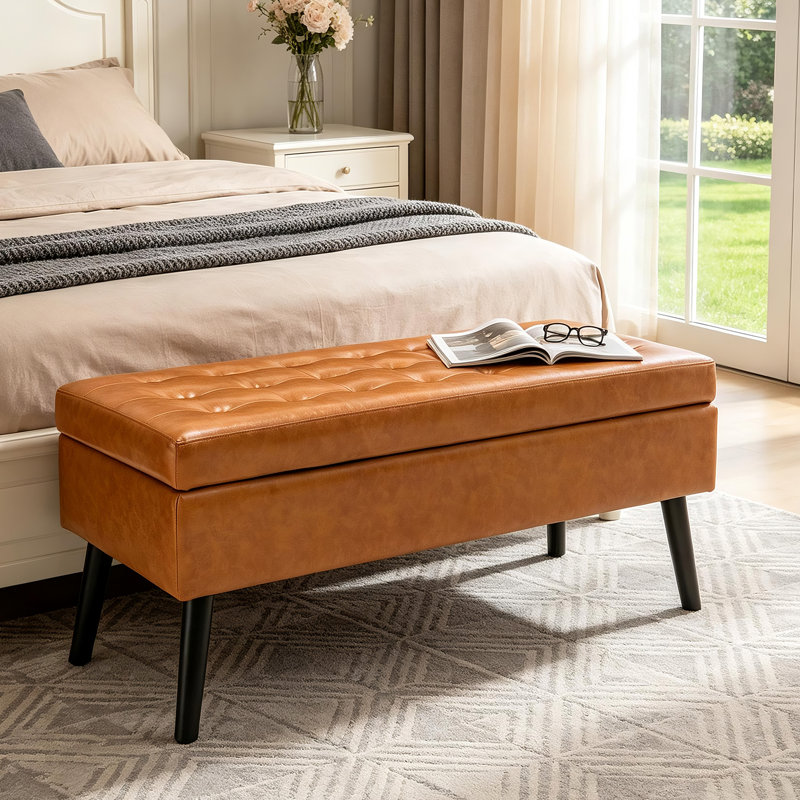 Banc de rangement avec accoudoirs 43,3 po avec pieds en bois, Brun, Noir