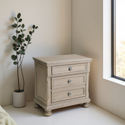 Transitional Bedroom Nightstand with Hidden Drawer Wire Brushed Birch Veneer Wood Bed Side Table