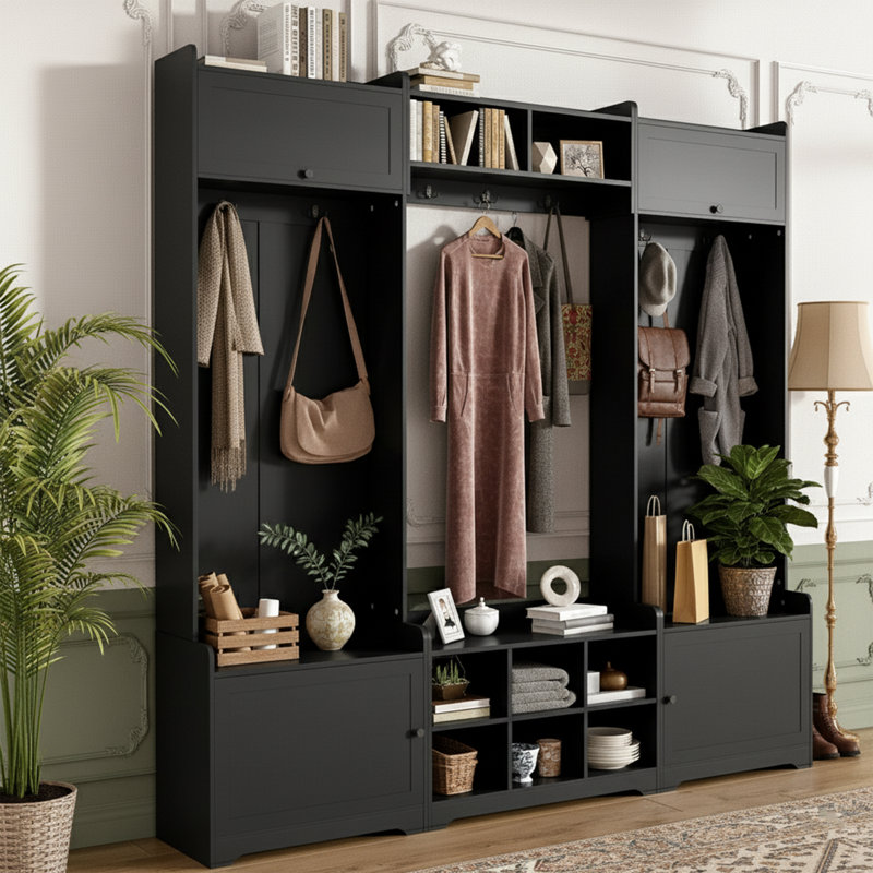79'' W Extra-Wide Hall Tree Bench - 4-in-1 Entryway Storage, 8 Cubbies, Coat Hooks - Black, Black