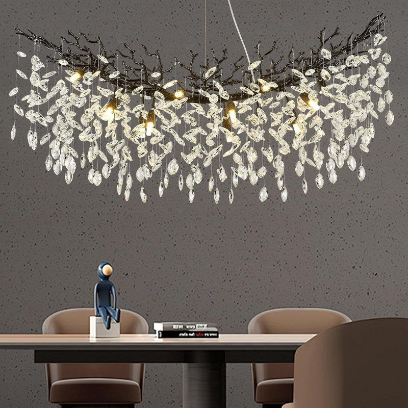 Modern Rectangular Tree Branch K9 Crystal Chandelier Lighting for Dining Room, 18.11'' H X 47.24'' W X 19.69'' D, Black