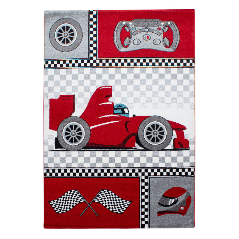 Kids Race Car Figurine Area Rug, Rectangular 140 x 200cm, Red