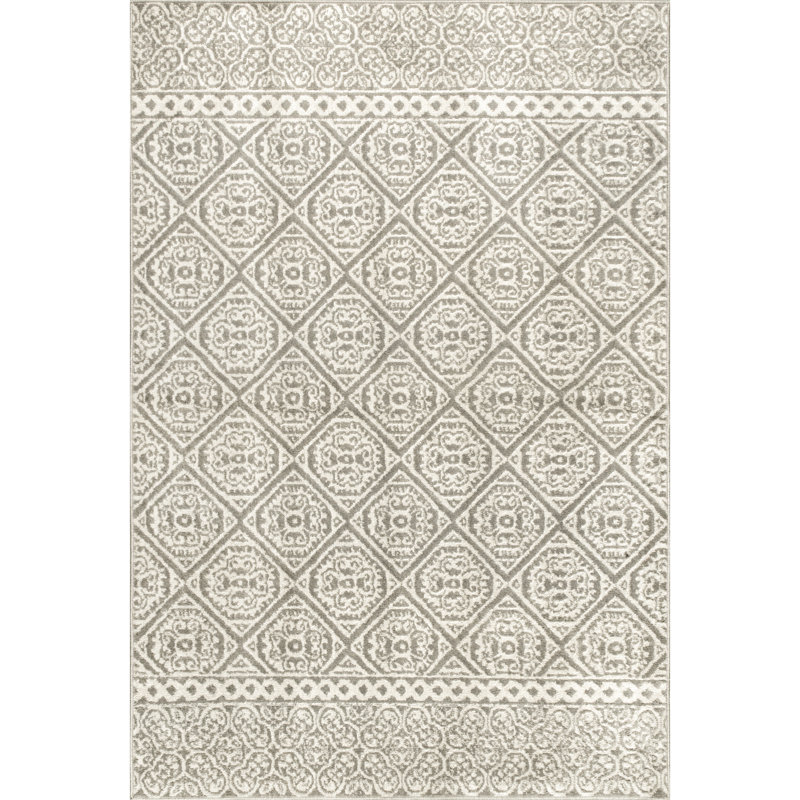 Connor Floral Tiled Performance Gray/Ivory Rug, Rectangle 5' x 8'