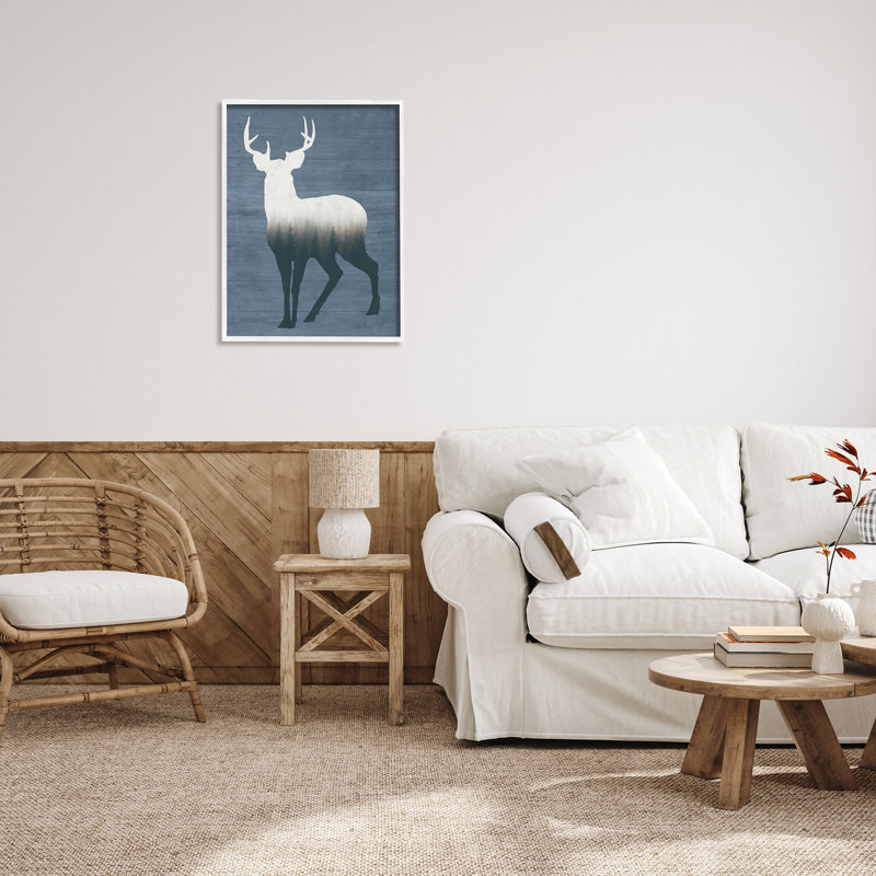 «Rustic Deer Silhouette Cabin Style Grain Motif» par lettré et doublé - cadre flottant, impression sur toile