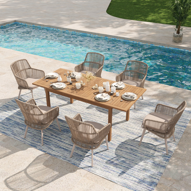 Brittenham 6 - Person Rectangular Outdoor Dining Set With Cushions, Beige Frame/Beige Cushion