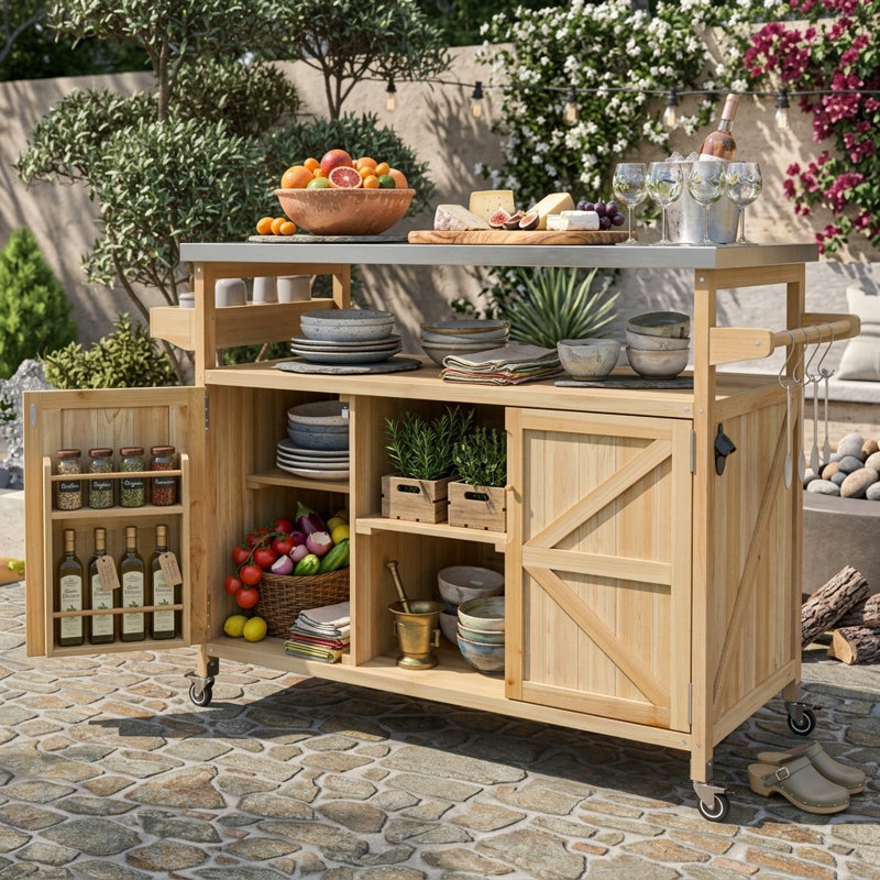 Farmhouse Outdoor Kitchen Island With Stainless Steel Top, Rolling Bar Cart And Spice Storage, Wood