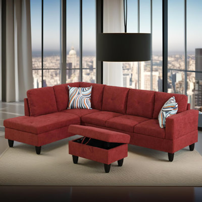 103" Verona Red Flannel 3-Piece Left Facing Sectional Sofa Set With Chaise And Storage Ottoman