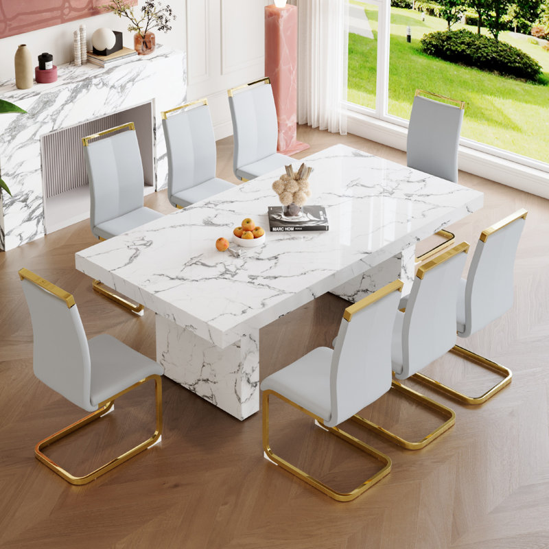 Wooden Dining Table Set for 8, Light Grey, 9 Pieces: Table, 8 Chairs