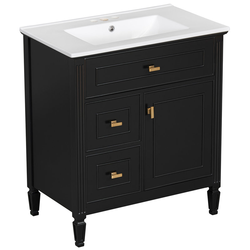 Meuble-lavabo 30 po avec lavabo en céramique, tiroir rabattable, Noir