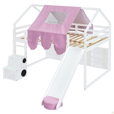 Full size Wooden Loft Bed House-shaped Frame with a Tent, White+Pink