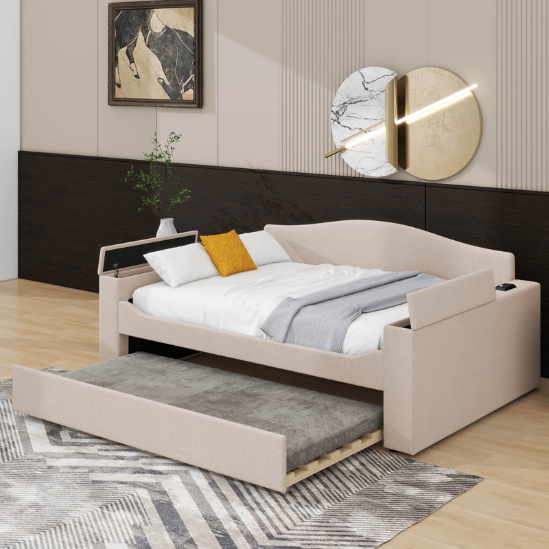 Lit de jour rembourré avec couchette, Beige, Lit double