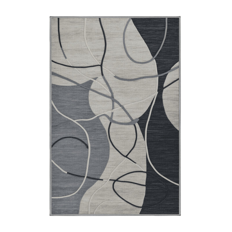 Machine Washable Abstract Gray Area Rug, Rectangle 5' x 7'