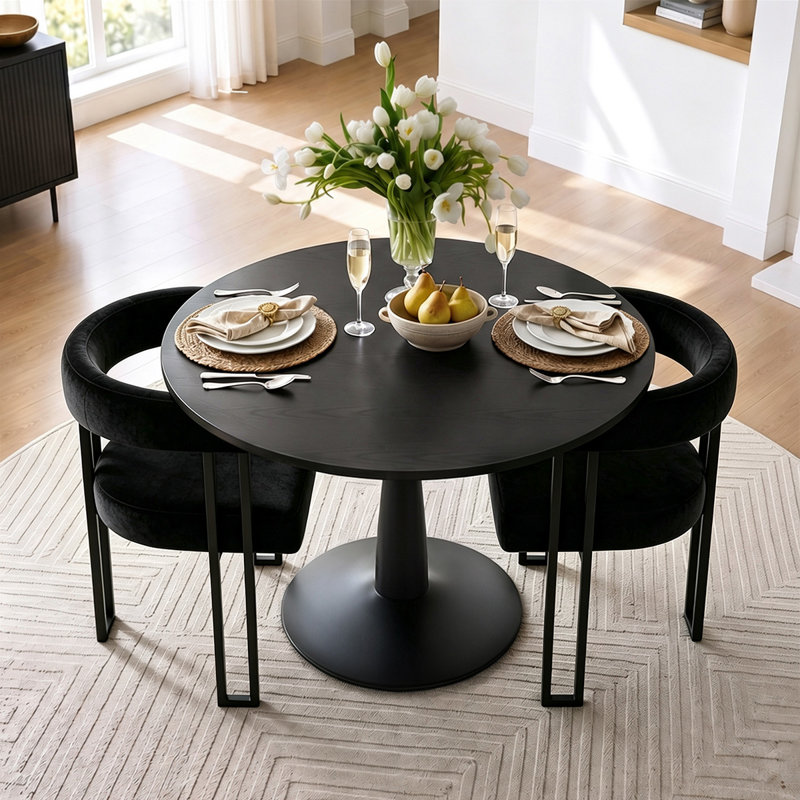 Ensemble de table de salle à manger pour 2 personnes avec table ronde et 2 fauteuils rembourrés en velours, Noir