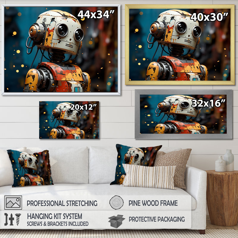 Popart Robot Fusion I - Art mural Pop Art, Cadre doré à coins fermés, H 30 po x l 40 po x P 1,5 po