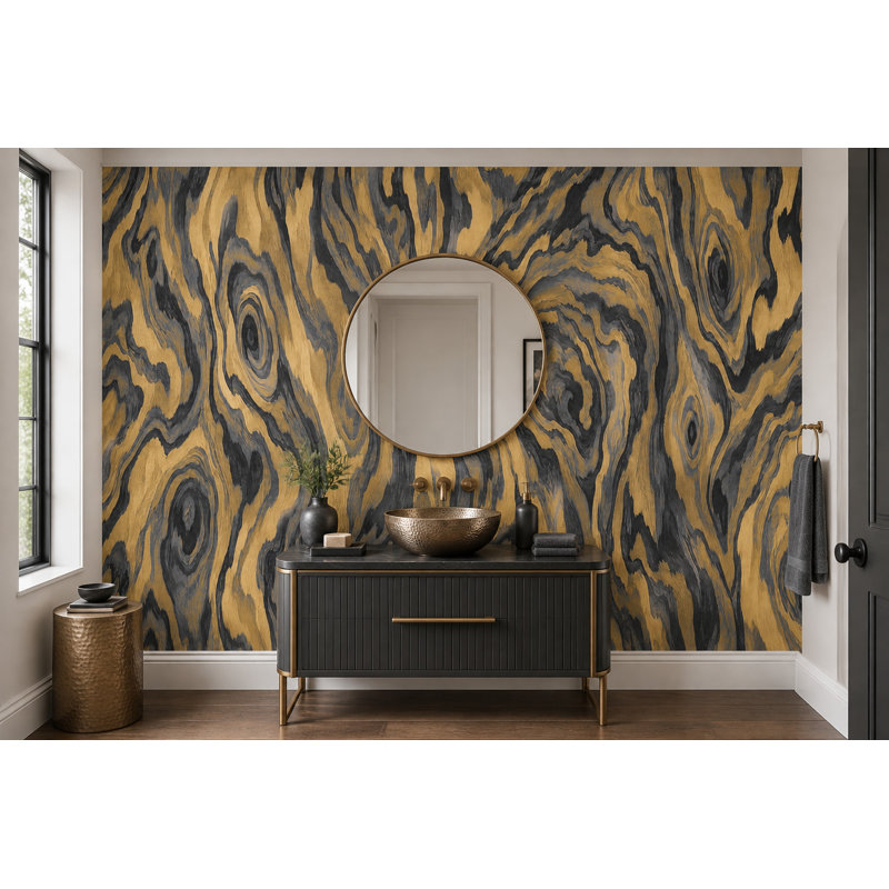 Gold Wood Grain Wallpaper Charcoal Veined Wall Mural, 160"x108", Peel and Stick
