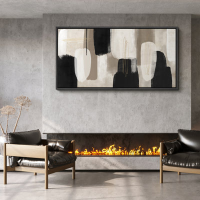 Black and White Abstract Gold Line Modern Contemporary - Extra Large Framed Wall Art Canvas Print