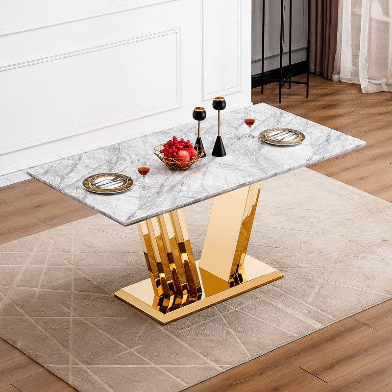 Table de salle à manger rectangulaire en faux marbre, 70 po, base en acier inoxydable, design moderne, gris et or, pour une utilisation extérieure (table sous abri 70 po avec pieds, différents styles de décor