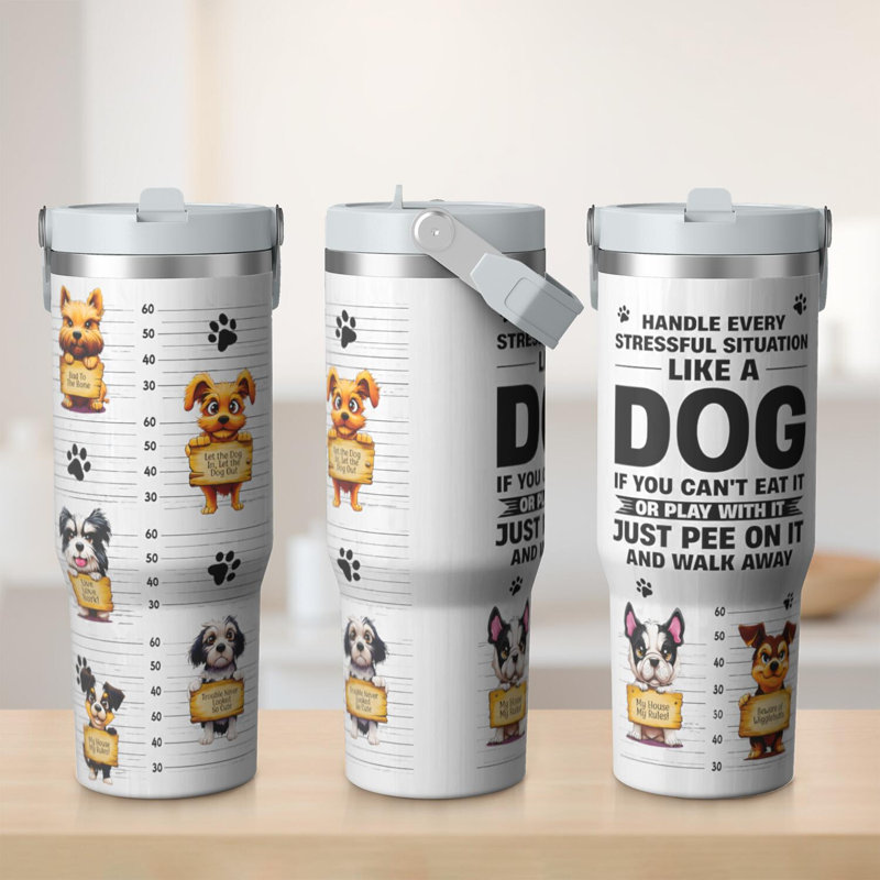 Gobelet 30 oz avec couvercle et poignée Gobelets isothermes en acier inoxydable Bouteille d'eau mignonne avec rabat (chien)