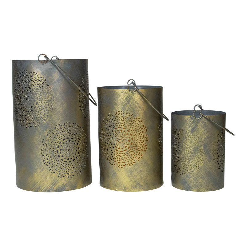 Decorative Floral Cut-Out Pillar Candle Lanterns 10", Gray/Gold