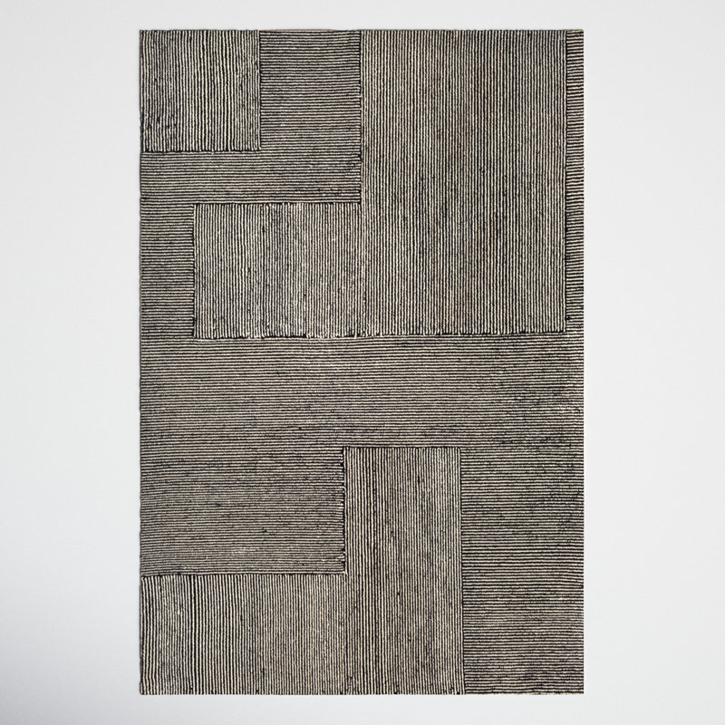 Peeta Geometric Hand-Tufted Wool Black/Ivory Area Rug, Rectangle 8'10" x 12'