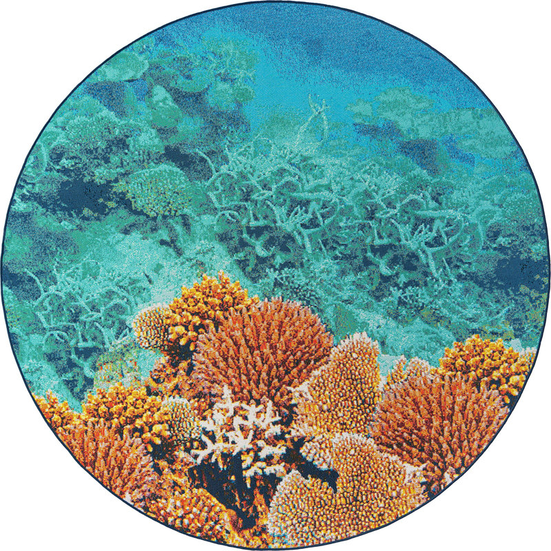 Outdoor Iris Area Rug Ocean Blue Color, Round 7'10"