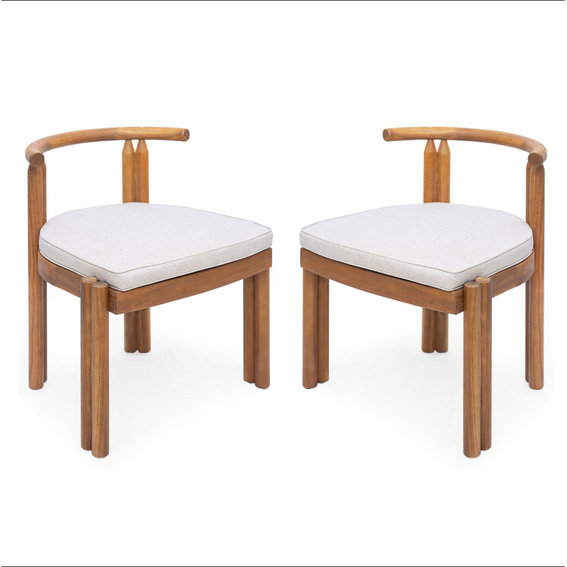 Chaise de salle à manger sans accoudoirs en bois d'acacia Cove, finition teck avec coussin beige, ensemble de 2