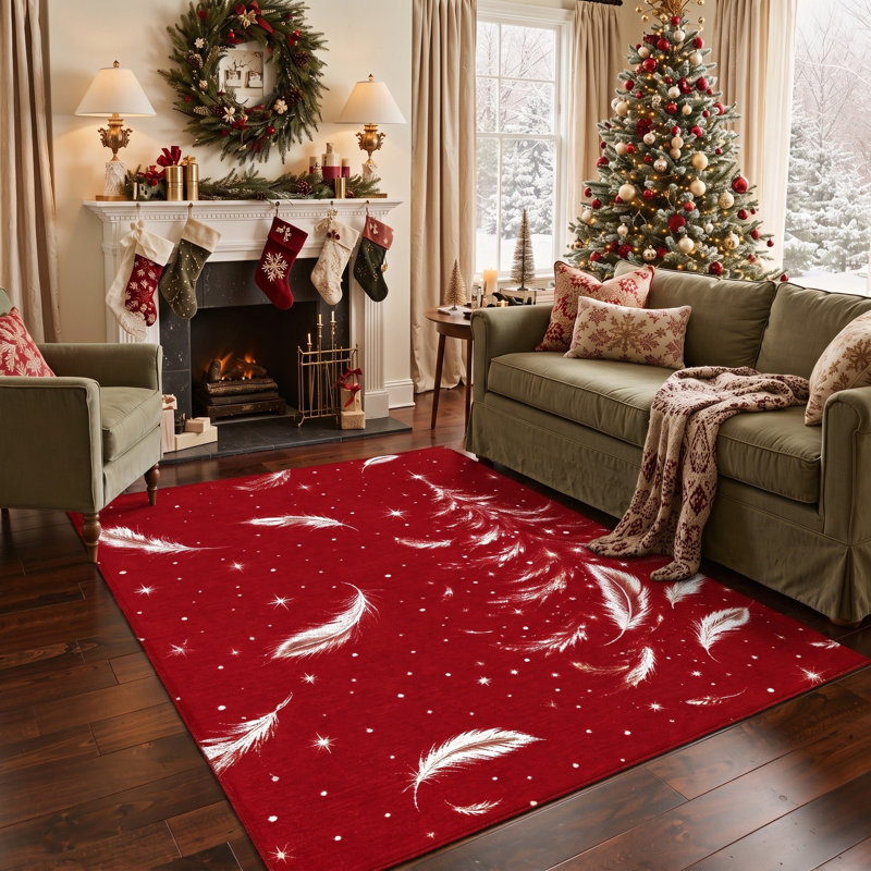 Tapis de salle à manger lavable à poils ras, motif animaux de Noël, sapin et neige, rouge et blanc, avec sapin et neige. Parfait pour la salle à manger.