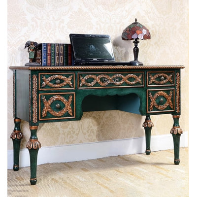 American Vintage Green Solid Wood Desk with Drawers