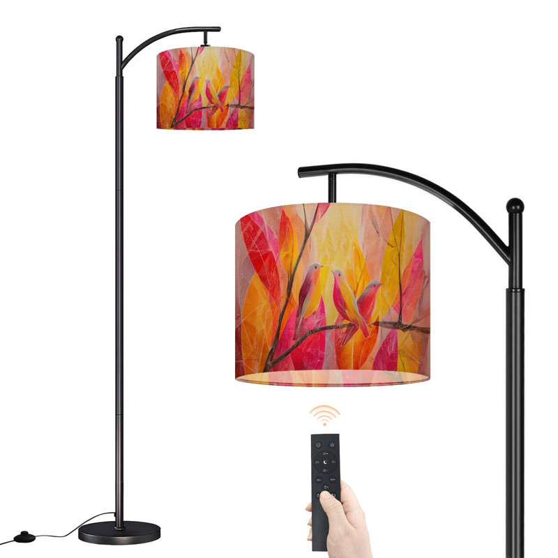 Lampe sur pied à arc avec abat-jour réglable Peintures amusantes Branche d'oiseaux colorés Pop Art oiseaux à feuilles Branches Lampe sur pied 3 températures de couleur à intensité variable Grand mât avec interrupteur au pied pour la chambre à coucher
