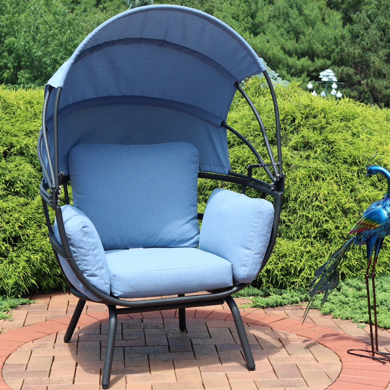 Akendra Modern Luxury Patio Chair With Retractable Canopy and Cushions - Blue, Blue