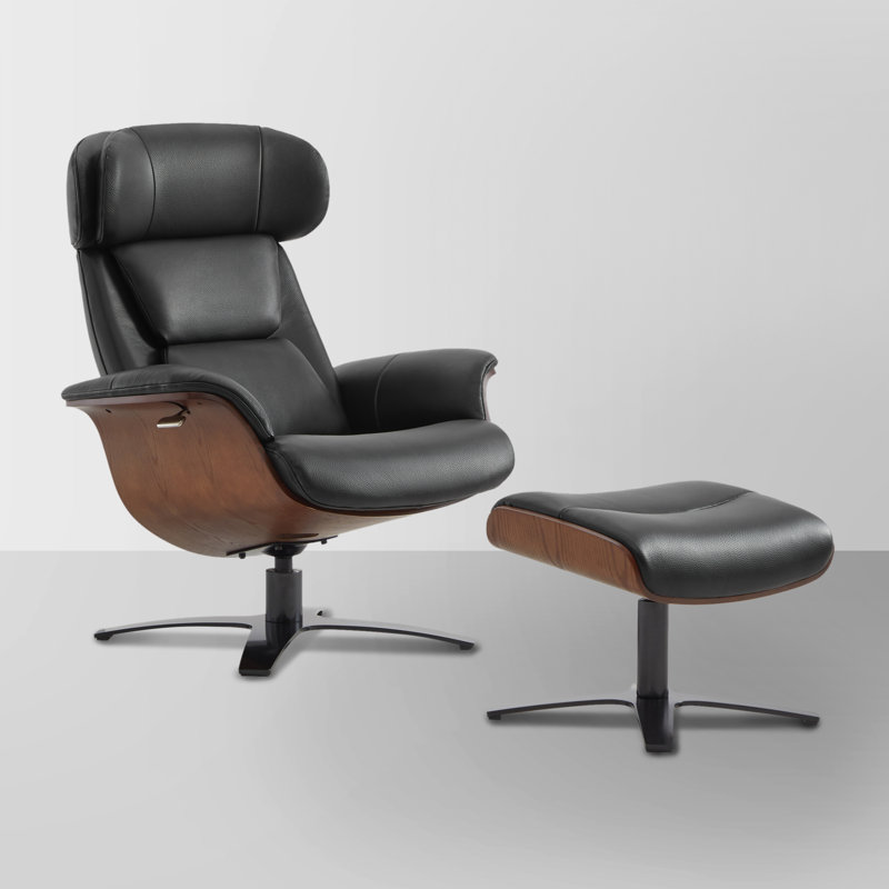 Seim 31.1" W Upholstered Reclining Swivel Chair and Ottoman with Adjustable Headrest, Black
