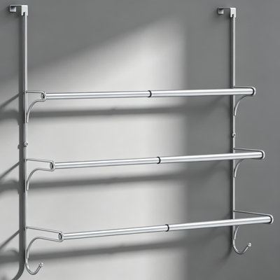 Adjustable Over the Door Towel Rack with Hooks, Triple Bar Design, Heavy Duty Stainless Steel Finish, Space Saving Bathroom Organizer for Towels, Robes and Accessories