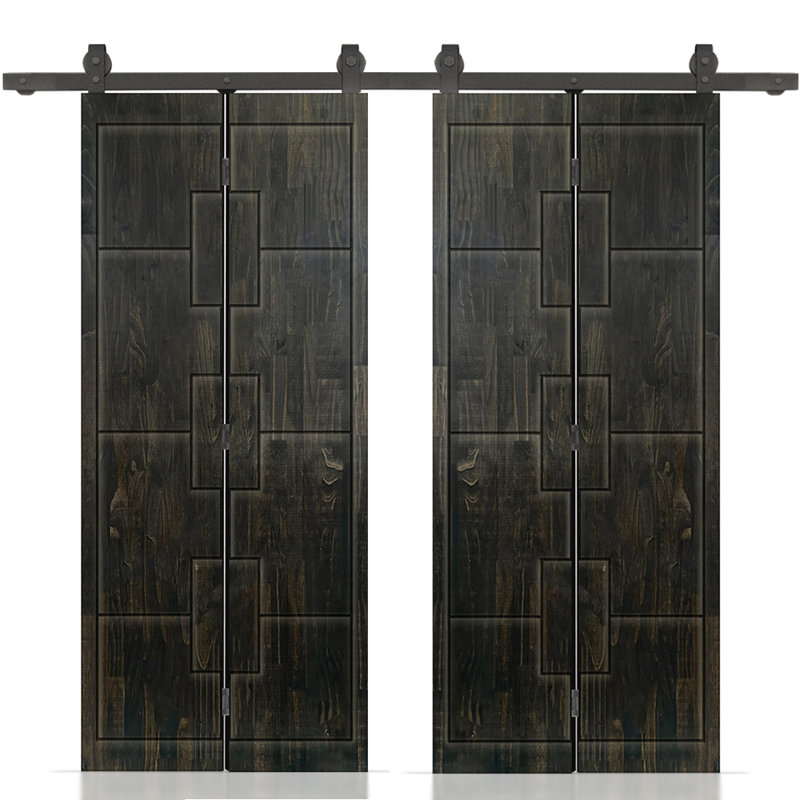 Porte de grange double pliante en bois de pin teinté avec quincaillerie coulissante, Noir anthracite, 44 po x 80 po