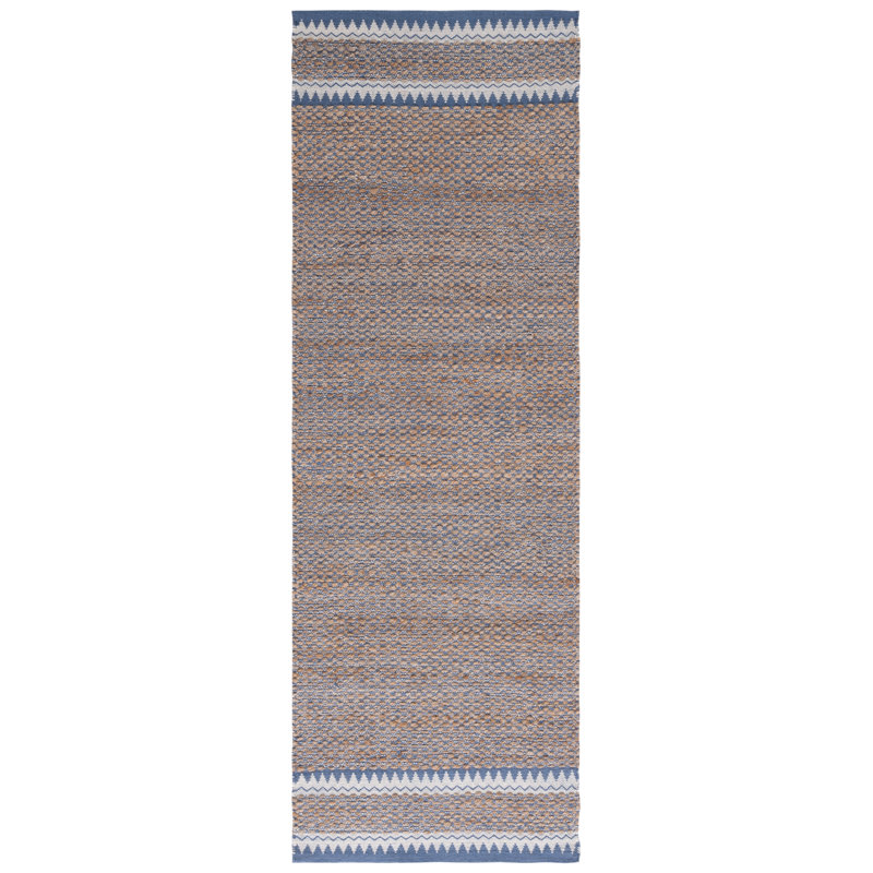 Jamesy Natural Fiber Hand Woven Jute/Wool Rug in Natural/Blue, Runner 2'6" x 8'