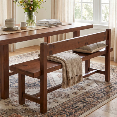 Banc de salle à manger en bois massif de 140 cm avec dossier, style rustique, pour 2 à 3 personnes.