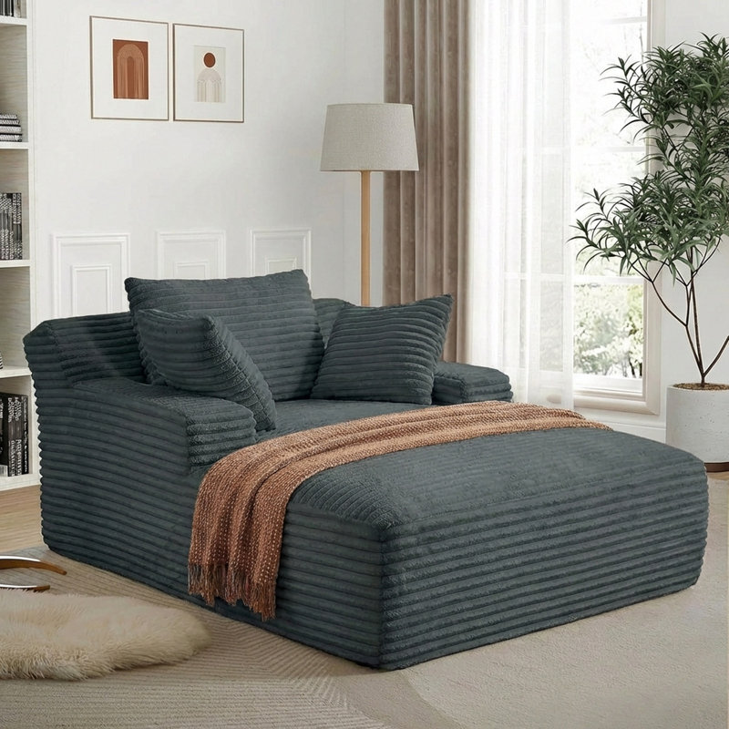 Boneless Oversized Chaise Lounge Chair Indoor, Modern 50-inch Upholstered Corduroy Deep Seat Sofa Bed with 3 Throw Pillows and Armrests, Sleeper Sofa Couch for Living Room, Bedroom Apartment