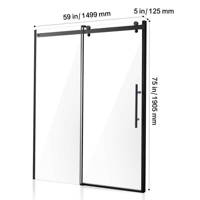 Porte de douche sans cadre, l 58 à 59 po x H 75 po, porte de douche coulissante en verre trempé transparent de 5/16 po (8 mm), résistant aux taches, incassable, avec quincaillerie en acier inoxydable, noir mat